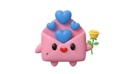 Cute pink envelope character with blue hearts and yellow rose isolated on a transparent background cute character