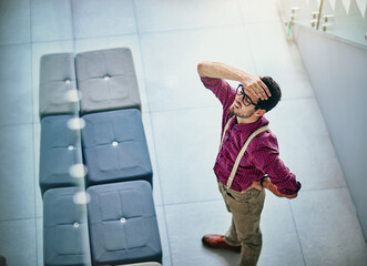 Above, designer and man in office, headache and stress with pressure for project deadline. Creative...