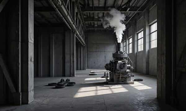 Silent rubber plant, mill positions on floor, shot from compound area, steam vulcanization visible, elastomer architecture rigid.