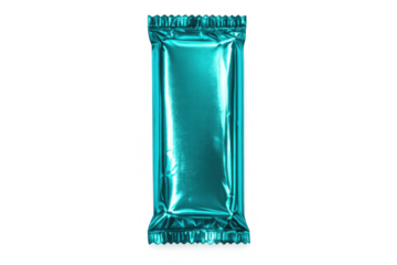 Blank turquoise foil snack bar packaging, food wrap design featuring a shiny customizable metallic pouch, transparent background