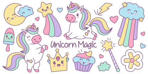 Naklejka premium Magical kawaii unicorn and rainbow doodle set with colorful pastel cityscape and fairytale elements
