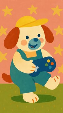Playful illustration of a cartoon dog holding a video game controller. Front angle, vibrant colors, and a whimsical style with starry background. Live mobile wallpaper.