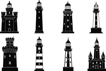 Set of lighthouse and tower silhouettes in black vector style, nautical coastal landmark icons collection for maritime design, navigation themes, travel logos, and decor. © Vector Sifat