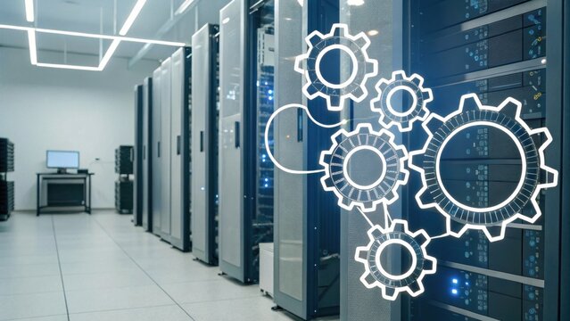 A modern server room with rows of servers and an overlay of gears, symbolizing technology and data processing. - Powered by Adobe