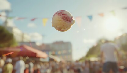 Ice cream levitating at a sunny market