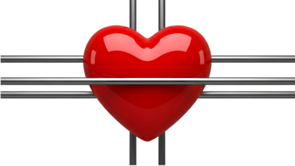 Glossy red heart shape enclosed by horizontal metallic bars isolated on a transparent background shiny