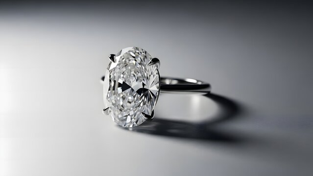 A large oval diamond ring with a silver band and prong setting on a gray background with a shadow