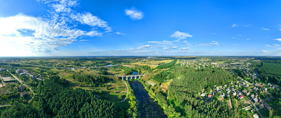 drone view photography from top wide panorama country side summer day rustic village green environment space clear weather time
