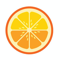 A vibrant orange citrus slice with yellow segments on a white background, depicted in a flat, graphic style with bold colors.