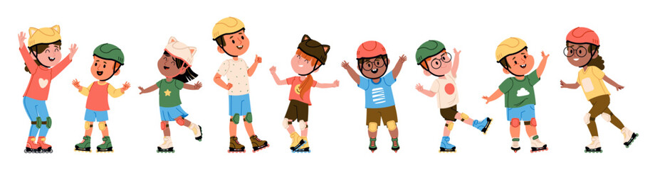 Obraz premium Active childhood collection of cute little children in protective gear, helmets roller skating