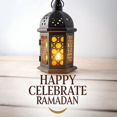 Happy Celebrate Ramadan Greeting with Ornate Lantern on Wooden Table