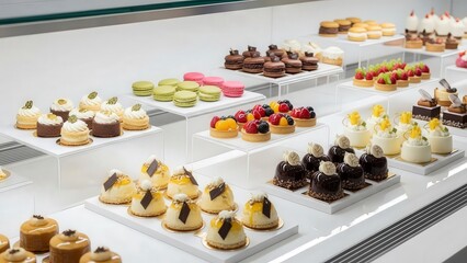 Gourmet Desserts and Pastries in a Display Case