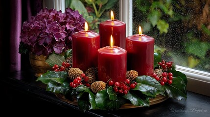 Red Candles with Holly Berries and Hydrangea