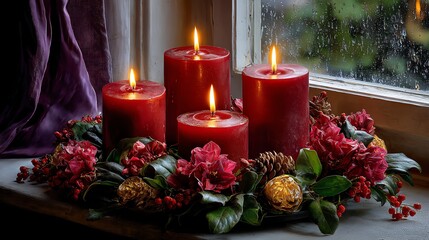 Red Candles on Advent Wreath Near Window