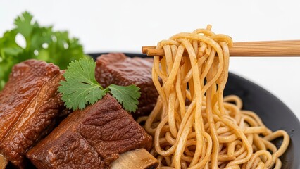 Tender beef ribs with savory noodles and fresh cilantro