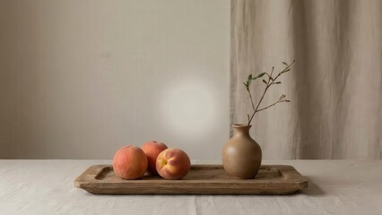 Three Ripe Peaches and a Small Vase on a Wooden Tray