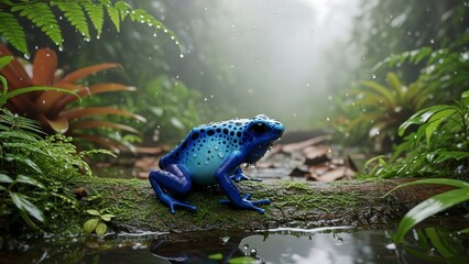 Vibrant Blue Dart Frog in a Misty Rainforest After Rain