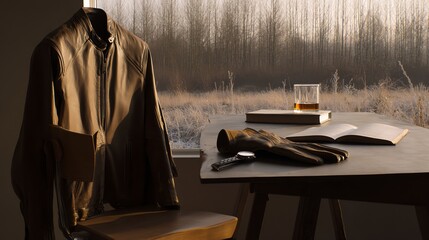 Leather jacket, book, whiskey on table, winter scenery