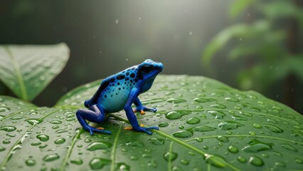 Vibrant Blue Poison Dart Frog Perched on Wet Leaf