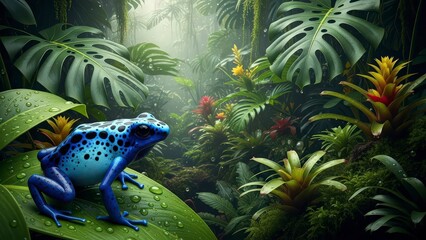 Vibrant Blue Poison Dart Frog in Lush Rainforest