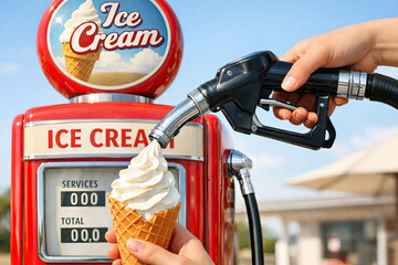 At a nostalgic gas station, soft-serve ice cream flows from the pump into the ice cone.