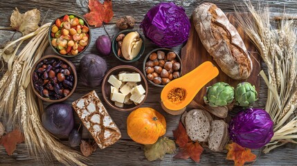 Vegetable and fruit still life with fall harvest on a wooden table