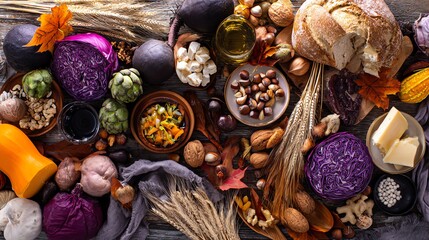 Autumn harvest of vegetables, nuts and bread