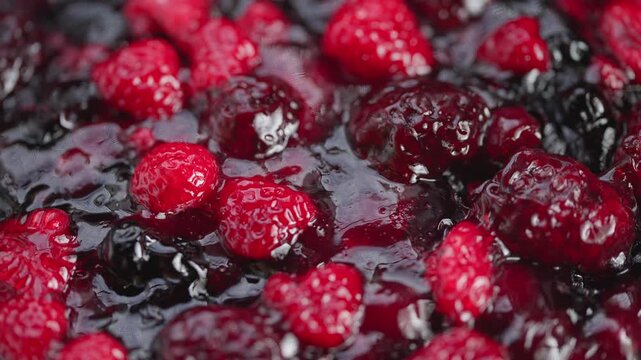 Fruity syrup with mixed berries, Shiny berry sauce simmering into glaze, Bright red and purple berries merging into luscious glossy compote revealing cozy culinary warmth