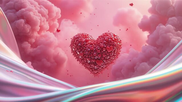 Romantic Heart Surrounded by Pink Clouds and Silk Fabric