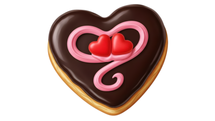 Heart shaped chocolate donut with pink icing and red fondant hearts isolated on a transparent background