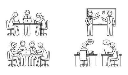 Obraz premium Four simple line art illustrations depicting business and education scenarios meeting office