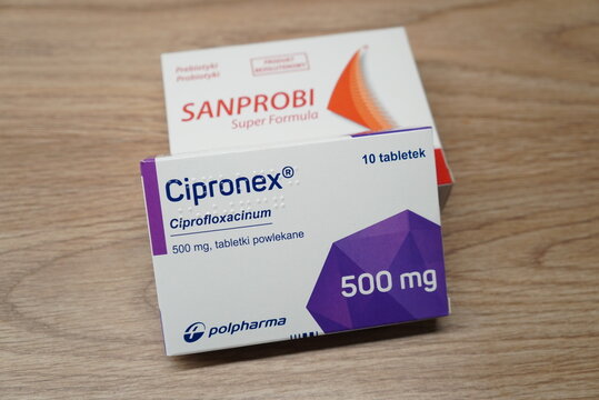 Cipronex 500 mg Ciprofloxacinum tablets packaging on a wooden surface