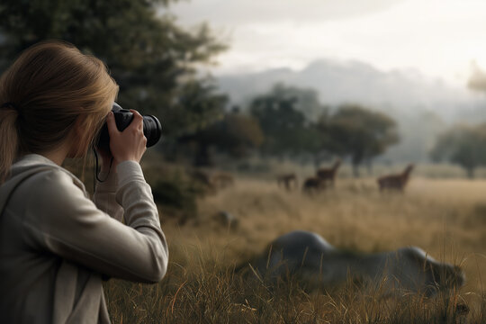 Photographer captures wildlife in a misty field at dawn. The natural world is the subject. A photographer at work.