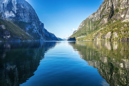 Summertime in Norway, the Lysebotn Fjord on a sunny day