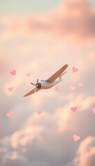 Fanciful aircraft soars through pastel skies, hearts alight ,  imaginary journey,  soft hues
