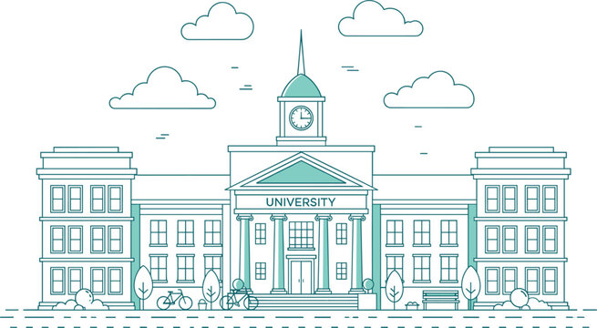 Professional line art illustration of a classical university building facade with a clock tower and clouds.