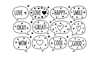 Hand Drawn Speech Bubbles with Positive Words and Symbols thought communication