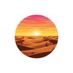 Desert landscape with sand dunes at sunrise or sunset.