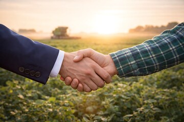 Business Handshake Against Soft Focus Meadow Field - Agricultural Partnership & Agreement.