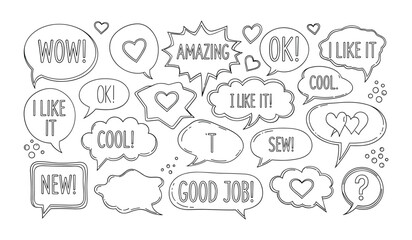 Hand Drawn Speech Bubbles with Words and Symbols text message