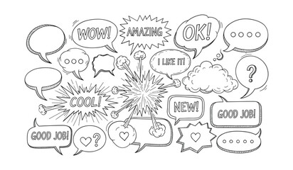 Hand Drawn Speech Bubbles and Exclamations with Words and Symbols Keywords: speech bubble, thought bubble, comic, cartoon, text, message, communication, dialog, conversation, exclamation, word