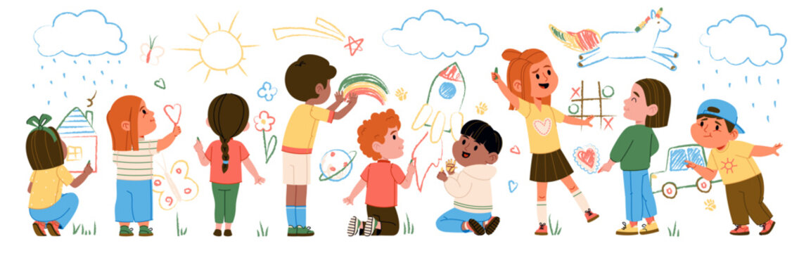Cute little children happy characters painting and drawing on wall with colorful chalk pieces