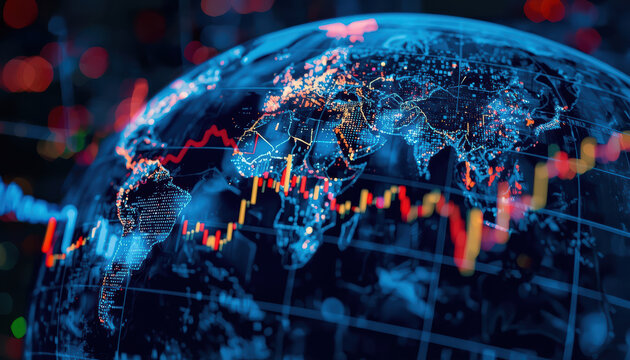 Global market data visualization world map with glowing city points and financial chart lines