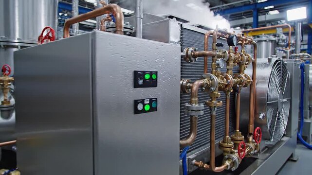 Close-up view of industrial chiller with copper pipes and condensing unit working in a factory
