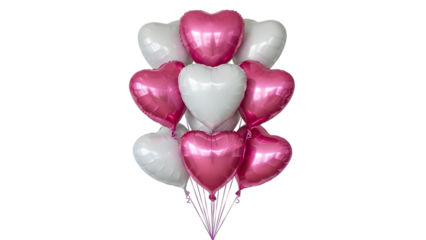 Pink and white heart shaped balloons isolated on a transparent background shiny
