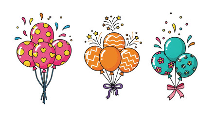 Set of Three Hand-Drawn Party Balloon Bundles with Patterns and Bows,A festive collection of three hand-drawn balloon bouquets in a whimsical doodle style. Each bundle features unique patterns&mdash;pink 