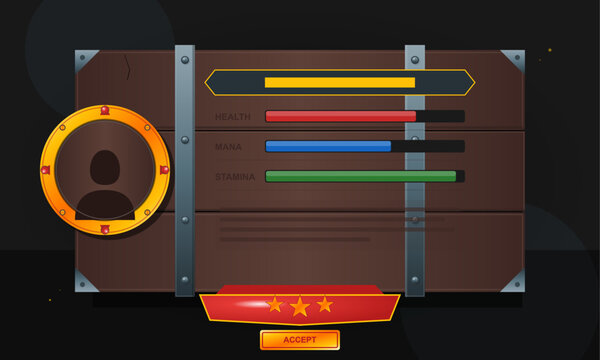A game interface is displayed with health, mana, and stamina bars shown in different colors. There is a character icon and an accept button at the bottom.