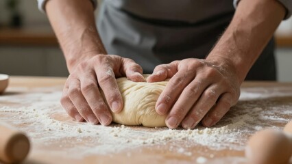 Chef Hands Kneading Elastic Pizza Dough On Floured Bench, Rhythmic Motion Shaping Gluten Network, Focused Culinary Technique With Apron And Rustic Bowl Nearby, Creating Foundation For Fresh