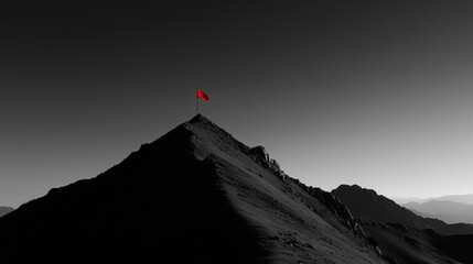 A red flag is on top of a mountain