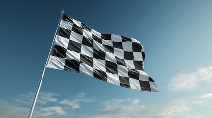 A black and white checkered flag is flying in the sky